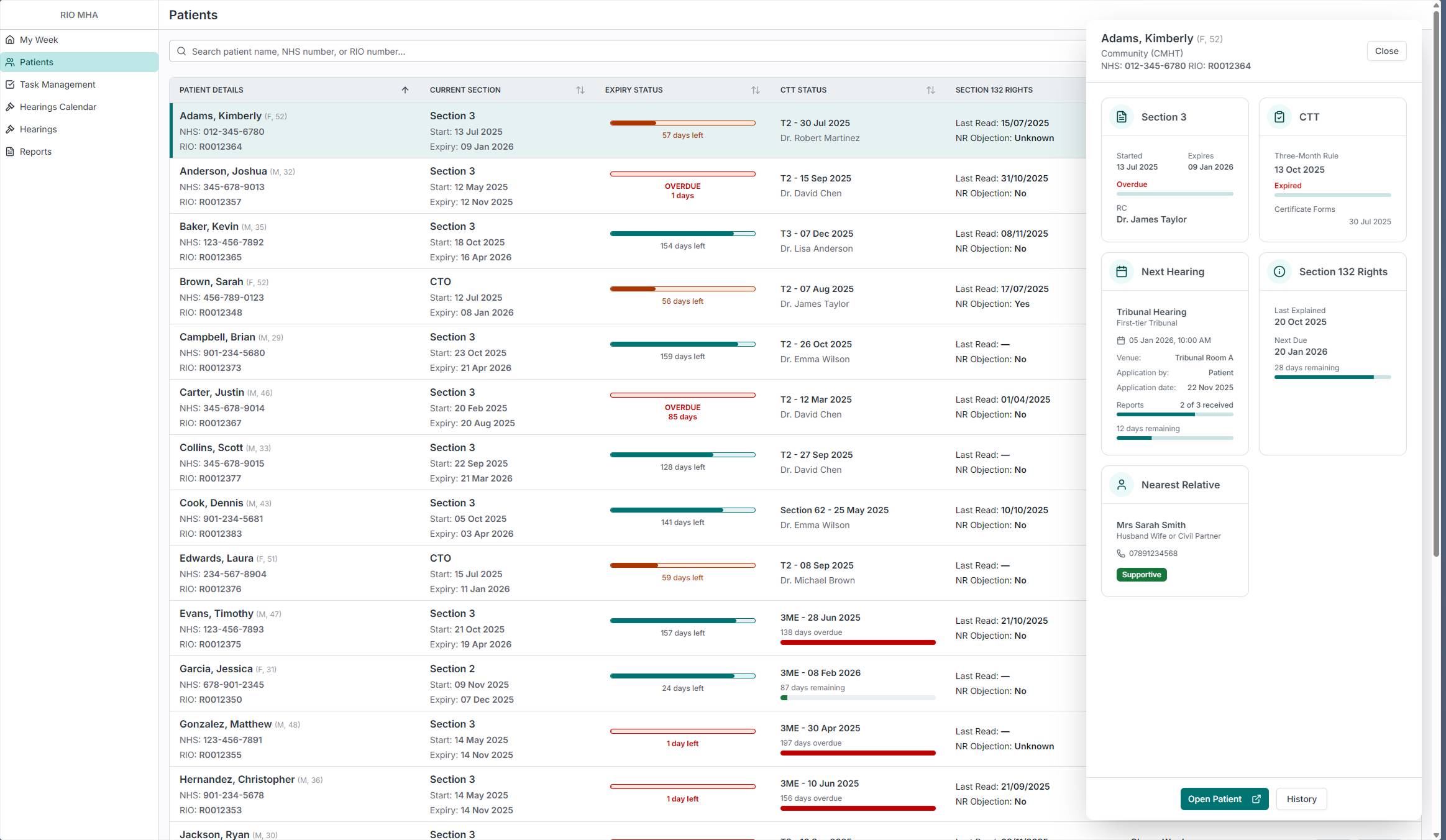 Patient list with sidebar panel showing detailed patient information